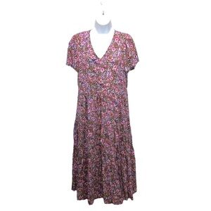 J.CREW Flutter sleeve Tiered Midi Floral Dress Size 12 Pockets Side Zip V Neck
